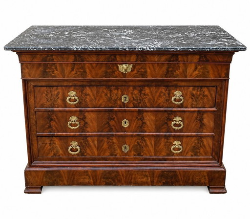 Louis Philippe 19th century secretary commode in walnut and burr walnut with a black marble top veined with white
