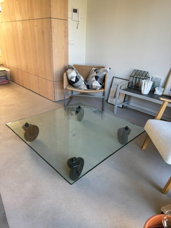 Glass coffee table on industrial wheels (photo 2 of 5)