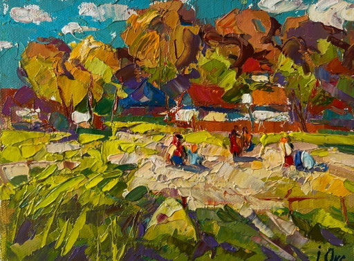 Pintura al óleo original: Paisaje de pueblo de verano en el pasto, silencio.