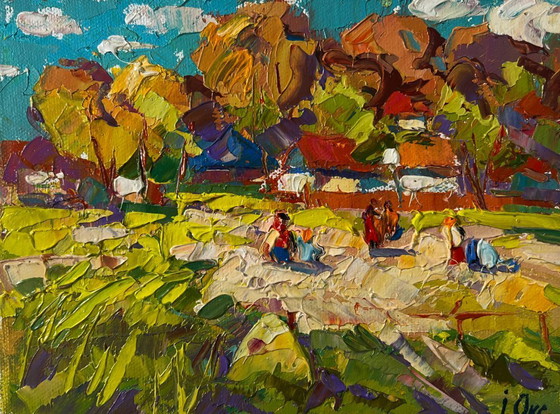 Image 1 of Original Oil Painting Summer Village Landscape On The Pasture Silence