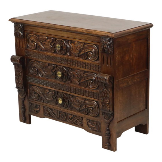 Vintage Oak Sculpted Chest of drawers Mythical Figures – Wood (photo 11 of 25)