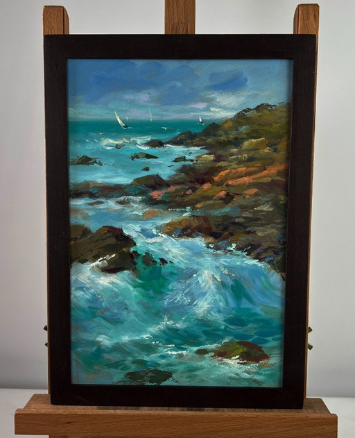 Original Oil Painting Coastal Rock Landscape Sailboats in the distance sea