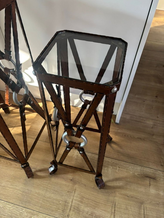 Image 1 of Unique set of 3 console tables – France, 1970s – in the style of Jacques Adnet – iron (imitation leather) and glass