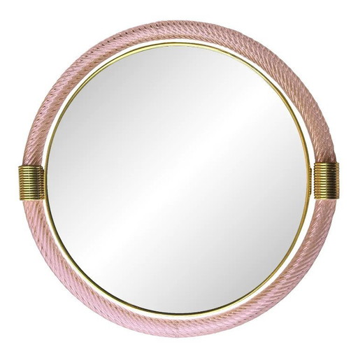 Mid-Century Modern Round Torchon- Torciglione Murano Glass Mirror in Barovier Style