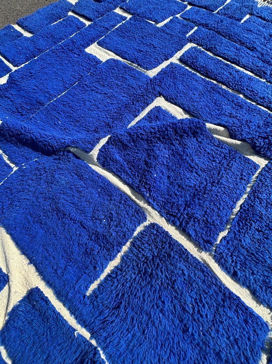 Image 1 of Marokkaans blauw Beni Mrirt tapijt 300x340 cm - Handgemaakt wollen tapijt, blauw geometrisch vloerkleed
