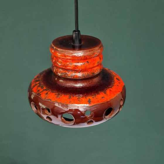 Image 1 of Vintage Herda rood / bruine hanglamp gemaakt van keramiek. Fat lava hanglamp. Diameter 20 cm. Retro lamp. UFO lamp.