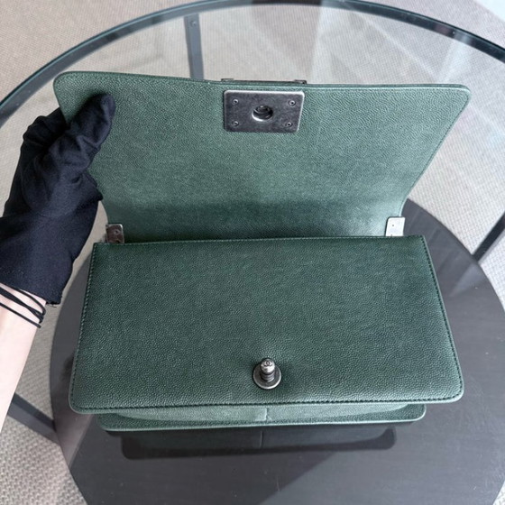 Image 1 of Chanel Boy Medium - Caviar 25CM Chevron Dark Green Ruthenium Silver Hardware Series 26
