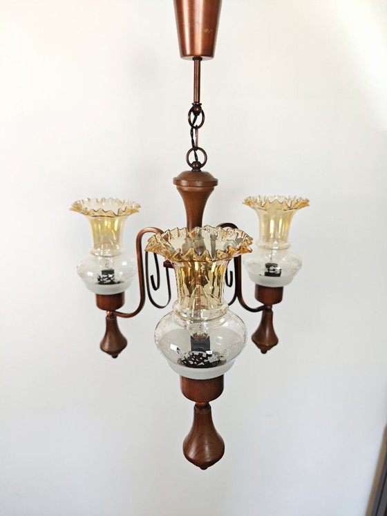 Image 1 of Vintage Amber Glass Chandelier / 1970s Yugoslavia Pendant Light / Mid Century Modern Ceiling Lamp / Wood & Copper Lighting 