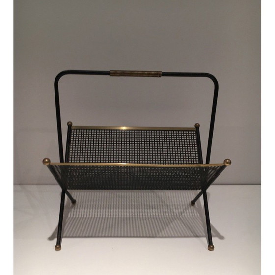 Image 1 of Vintage magazine rack in black lacquered metal and brass, France 1950