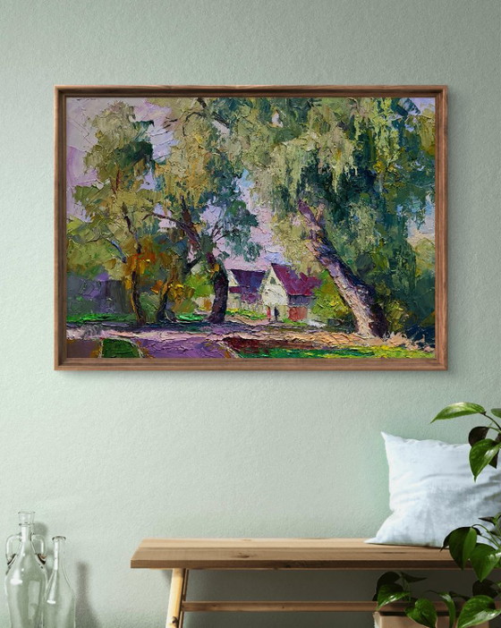 Original Oil Painting Rural Landscape Village Street Willows Near The Yard – Paintings & Drawings, Canvas (photo 3 of 7)