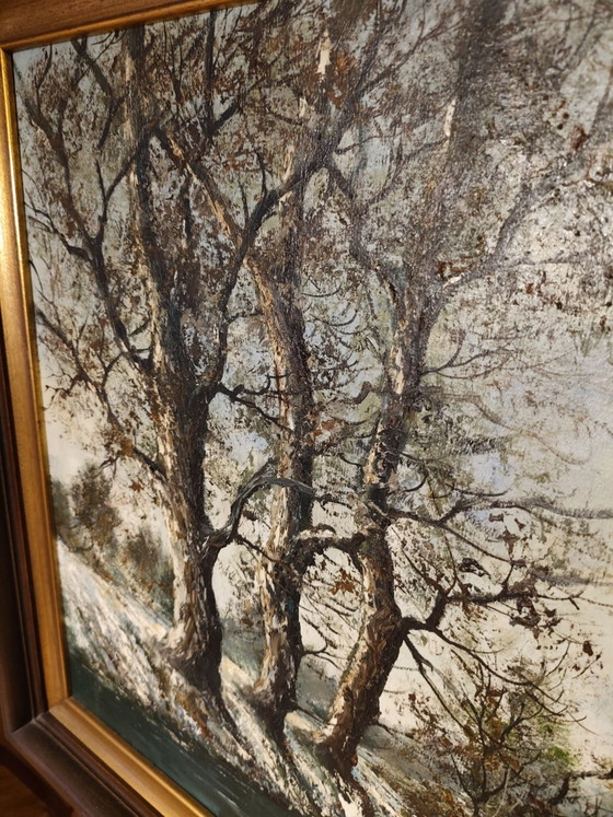 Tableau vintage paysage hivernal signé par P. Franks, Objets d'art, Métal, Bois, Bleu (photo 8 sur 15)