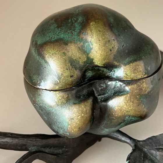 Image 1 of Vintage bronze box apple with branch and leaf, ca 1950