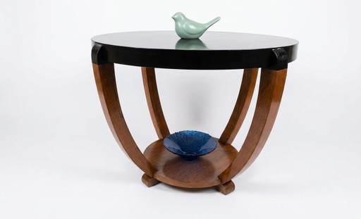 Zeldzame grote art-deco sokkeltafel/salontafel met sabelvormige poten (1930) – zwart gelakt en walnoothout (photo 2 of 5)