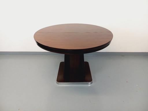 Vintage ebony and chrome metal round dining table in Space Age / 70s Diner style with integrated extension