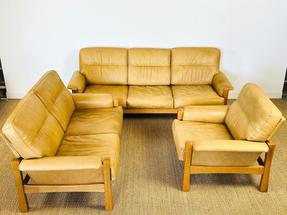 Image 1 of Ensemble de salon complet en cuir naturel et chêne, 1960, Set de 3