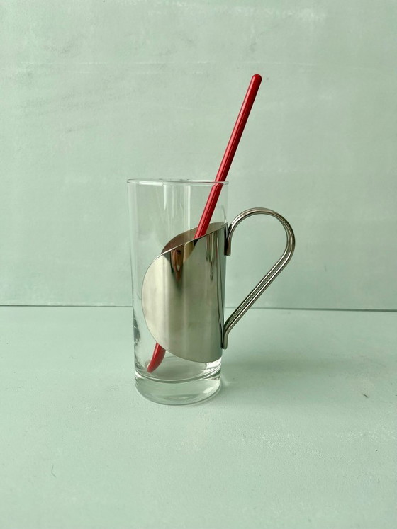 Image 1 of 6x Bodum glazen Denemarken jaren 70/80 postmodern vintage design roestvrijstalen lepel rood
