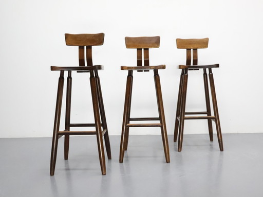Set of 3 vintage bar stools with backrest