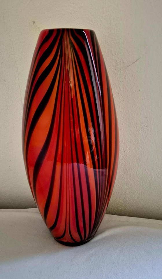 Image 1 of Impressive Large Vintage Art Glass Vase (34 cm) - Flame / Tiger Pattern