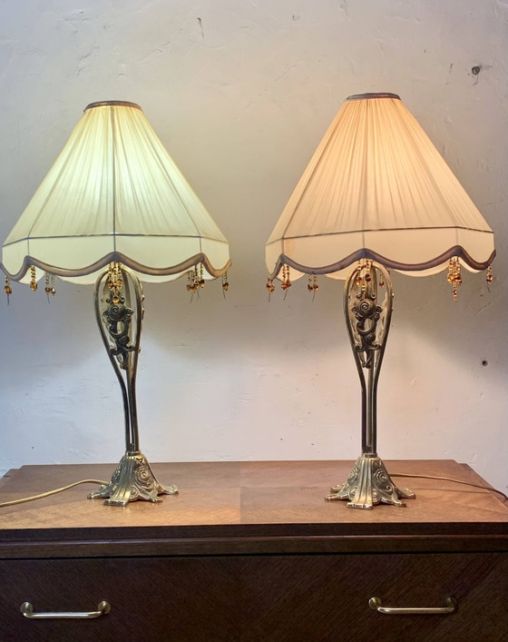 Image 1 of Pair of vintage brass table lamps in art nouveau style