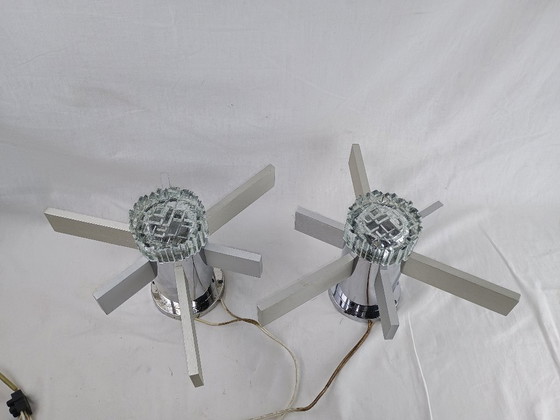 Image 1 of Pair Mid Century Italian Chrome & Glass Wall Sconces 1960s Space Age Sciolari