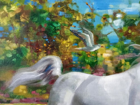 Pittura a Olio Originale Espressionismo Cavallo nel Prato Vento nella Criniera – Dipinti e disegni, Canvas (photo 5 of 7)