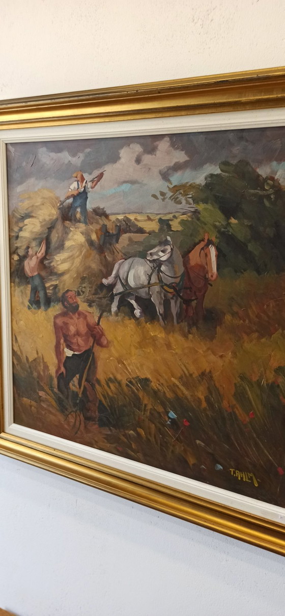 Image 1 of Oil Painting by T. Ahlberg, Harvest Scene with Horses and Farmers