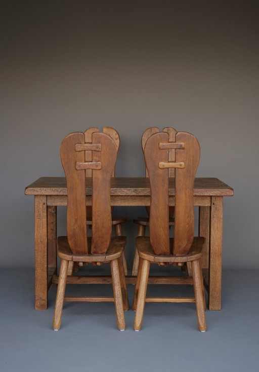 Brutalist Solid Oak Dining Set from De Puydt, Belgium. 1970s