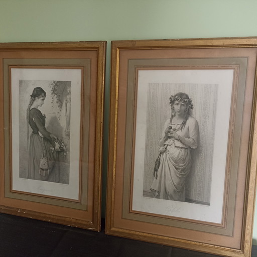 Schitterend Paar Antieke Gravures (19e Eeuw) – Ophelia & Marguerite – Bertrand & Deblois – lithos zeefdrukken, Paper