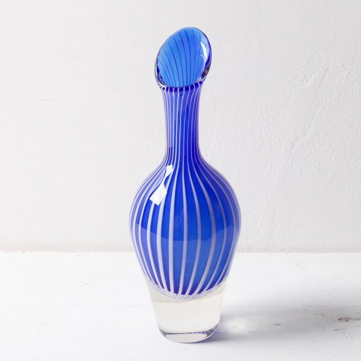 Mid-Century Orrefors Art Glass Vase: Blue & White Stripes, Jan Johansson, Sweden