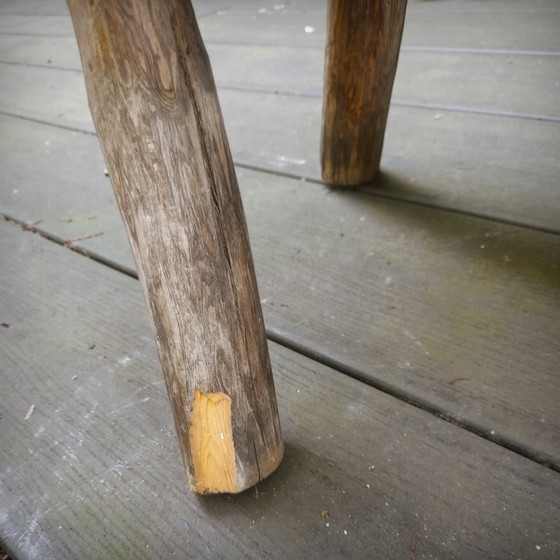 Image 1 of Pair of Brutalist tripod stools in grey pine. France, 50s