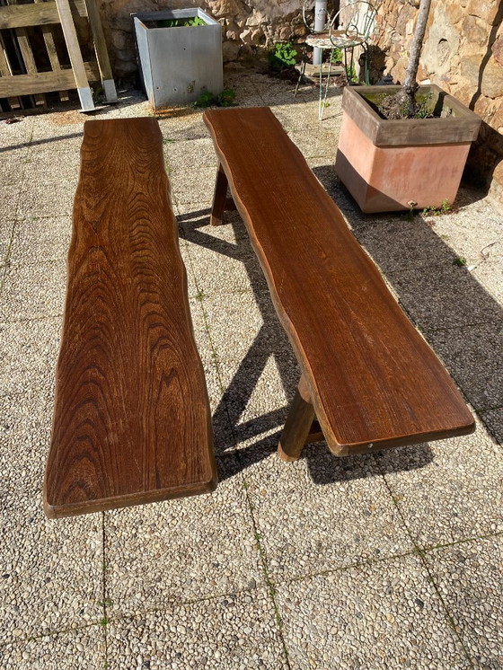 Image 1 of Pair of elm benches for a rustic brutalist farmhouse table, 1950s