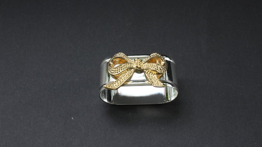 Ronds de serviette, lot de 12, en métal argenté avec nœud doré, style vintage