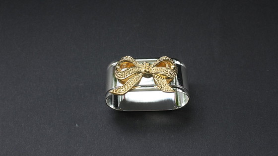 Image 1 of Ronds de serviette, lot de 12, en métal argenté avec nœud doré, style vintage