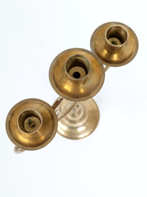 Image 1 of Candélabre vintage en laiton, porte-bougie conique à 3 bras, style milieu du siècle