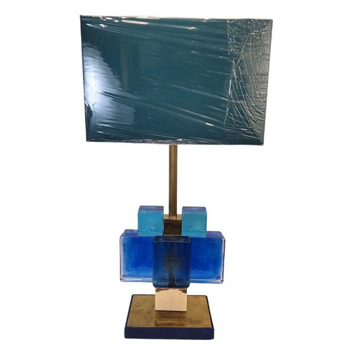 Pareja de Lámparas de Mesa en Cristal de Murano Azul y Latón, 80’s – Italia