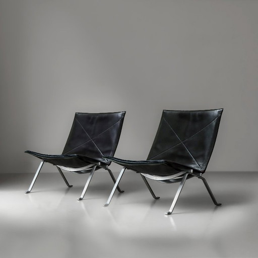 Coppia di Poul Kjaerholm PK22 vintage in pelle nera per Kold Christensen degli anni '60
