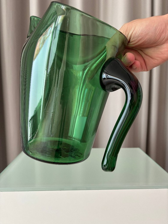Vintage Emerald Green Art Glass Pitcher, Sculptural Organic Design, Glass & Decanter, Organic Modern (photo 11 of 11)