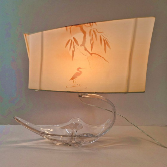 Image 1 of Vintage tafellamp uit de jaren 70 met kristallen kom, reiger en lampenkap.