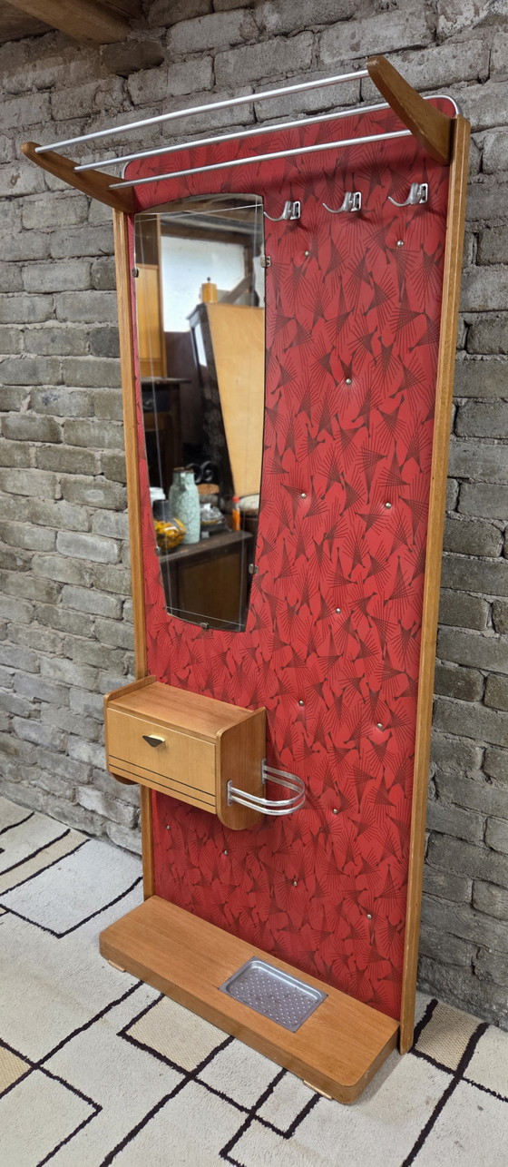 Image 1 of Vintage 1950s/60s Wall-Mounted Coat Rack – Red and Wood Rockabilly Design Cloakroom