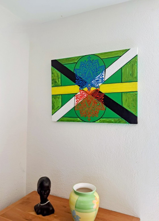 Image 1 of Enzo San Marco - Essentiële kleuren op een groene achtergrond - Schilderij van de kunstenaar