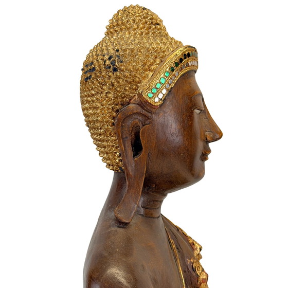 Antique Burmese Mandalay Wooden Buddha – Bhumisparsha – c. 1900–1930 – Sculpture, Glass (photo 9 of 11)