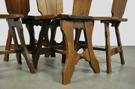 Image 1 of Vintage BRUTALIST oak handmade farmhouse dining chairs, 1930s Netherlands