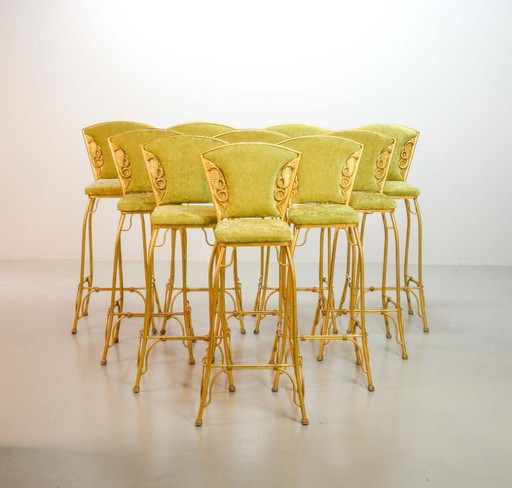 Set of 6 Hollywood Regency Style Glamorous Gilded Cobra Bar Stools with Fresh Lime Green Velvet Upholstery, 1970s.