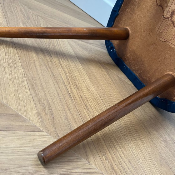 Image 1 of Vintage Velvet Footstool in Dark Teal, Mid Century Modern Stool with Wood Legs