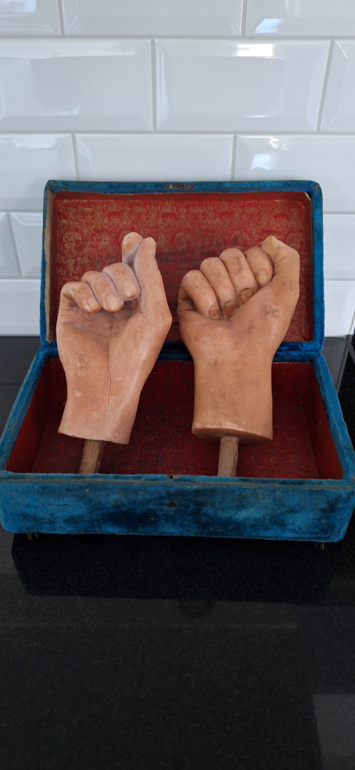 Antieke set van wassen handen met oud fluwelen doosje