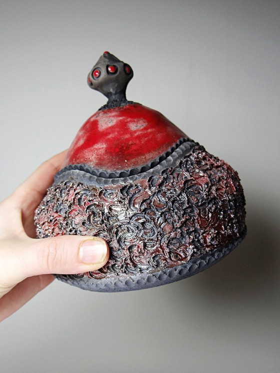 Image 1 of Vintage 2000s handcrafted raku jewelry box in red and grey