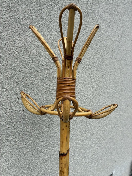 Vintage Italian Bamboo Coat Rack 1970s Boho Standing Hat Stand 185 cm, Rattan, Brown (photo 6 of 6)
