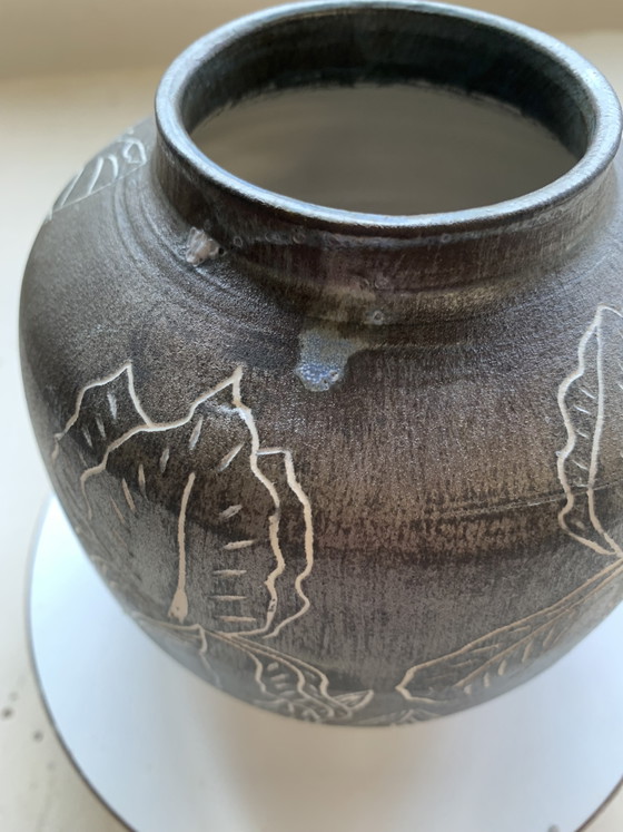 Image 1 of Handmade stoneware vase (ceramic) with irises and metallic glaze