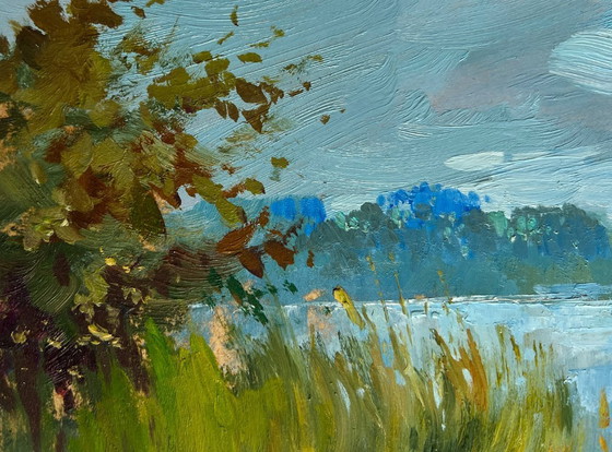 Image 1 of Original Oil Painting Summer River Landscape A boat among the reeds