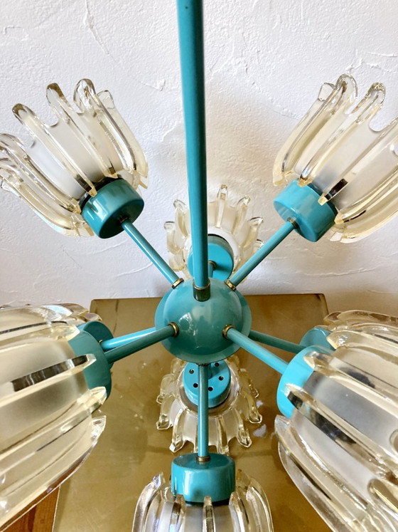 Image 1 of Large 9-light chandelier in molded glass and turquoise metal, Leclaire & Schäfer – 1960s